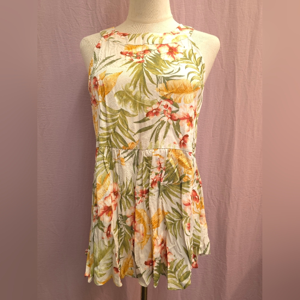 POPPI Women’s High Neck Hawaiian Floral Palm Print Peplum Blouse- Medium
